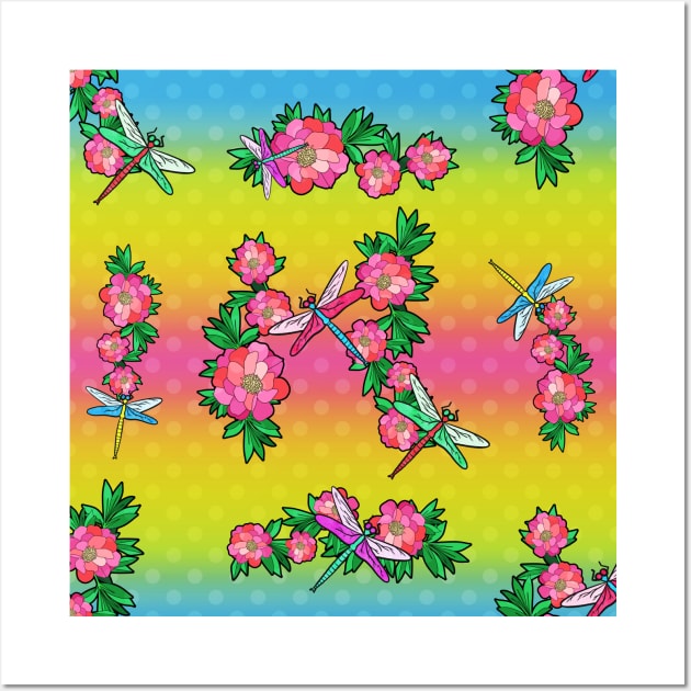 Flowers and Dragonflies Pattern Wall Art by Kelly Louise Art